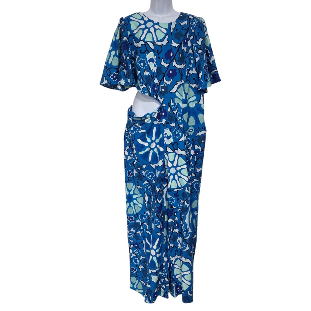 NEW Rhode x Target Jumpsuit Women 1X Blue Floral Cutout Linen Blend Short Sleeve